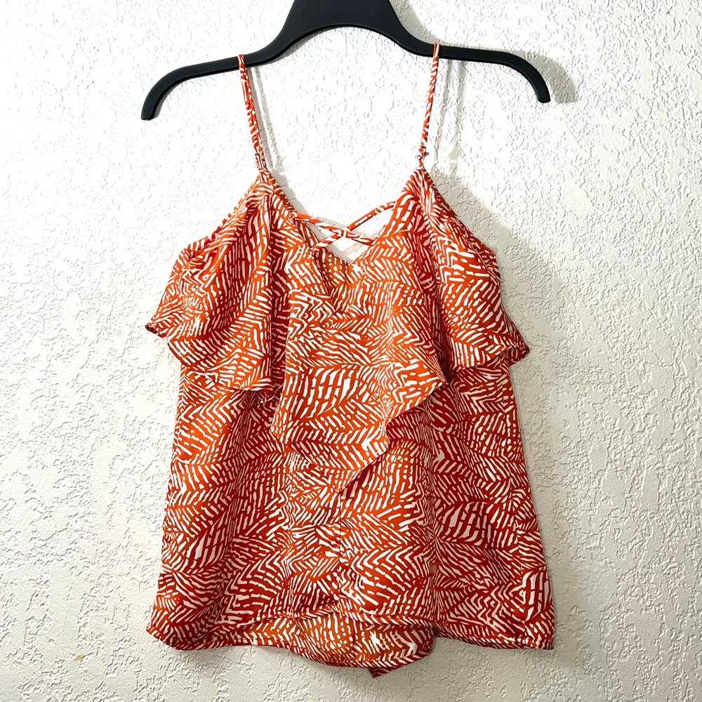 Greylin Anthropologie Red Orange White Ruffled print Bohemian Casual Tank Tops